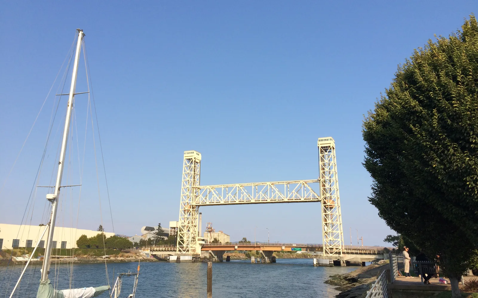 The Fruitvale Avenue vertical-lift railroad bridge spanning the Oakland Estuary between Oakland and Alameda